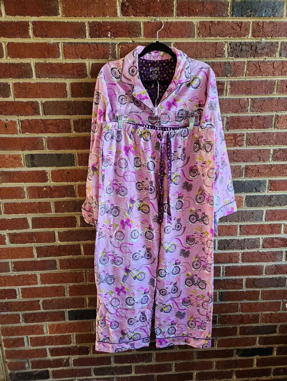Nick & Nora Rare PJ Set New Flannel Bicycle Purple XL 2 Piece Set